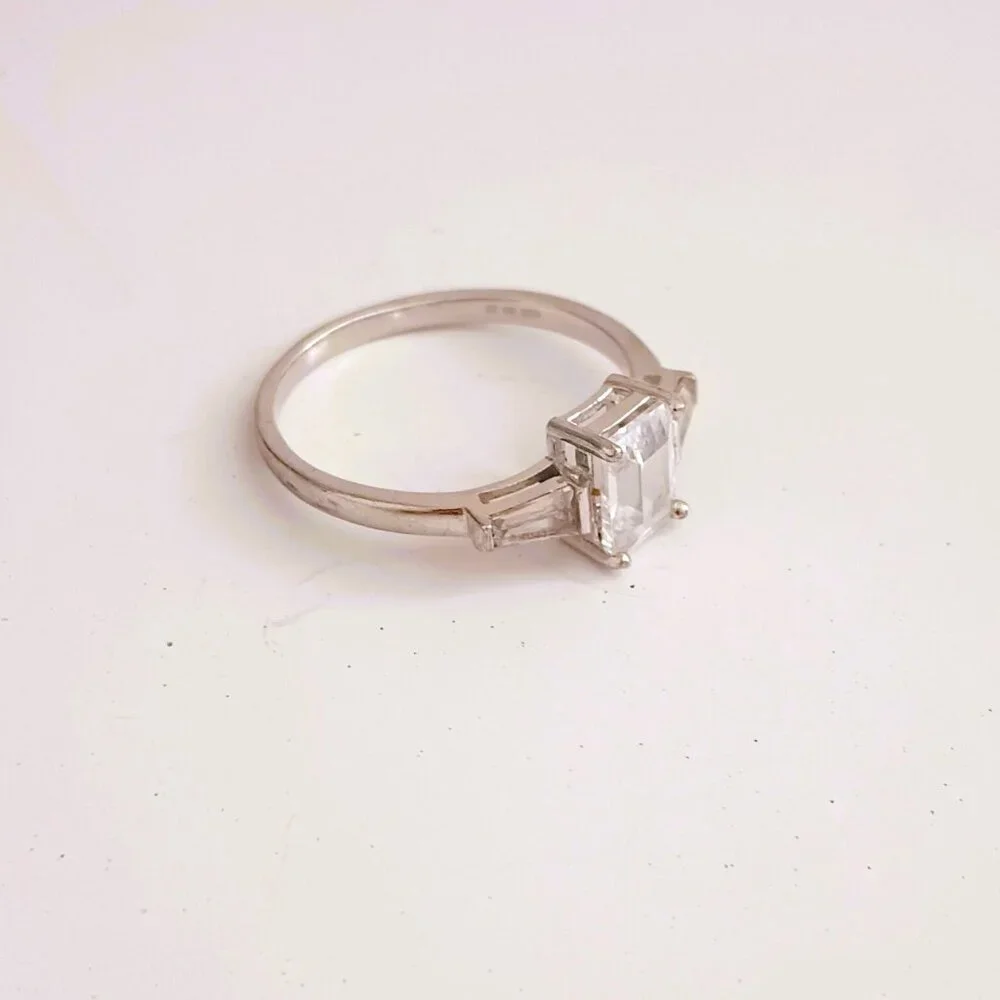 925 Emerald Cut CZ Baguette Ring 10 Sterling Silver Statement Wedding Jewelry